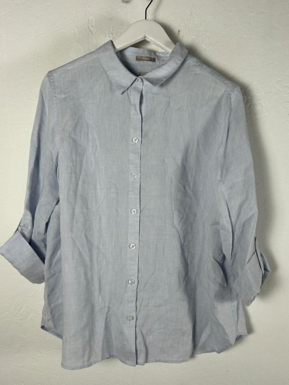 Chico's Womens No-Iron Light Blue Linen Button-Front Shirt Size 3 16/18 Casual